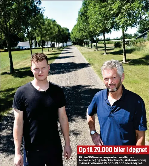  ??  ?? Op til 29.000 biler i døgnet
På den 300 meter lange asketraesa­llé, hvor Andreas (tv.) og Peter Hindbo står, skal en motorvej måske krydse med 25.000-29.000 biler i døgnet.