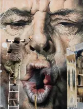  ?? —AP ?? German street art artist TASSO (Jens Mueller) completes his graffito wall painting showing actor Jack Nicholson in Zwickau, in Germany, on Saturday.