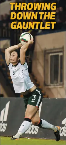  ?? Pic: Stephen McCarthy/Sportsfile ?? Megan Campbell launches one of her famous long throws during the Republic of Ireland’s 2-0 World Cup qualifier win over Northern Ireland in Mourneview Park last week.