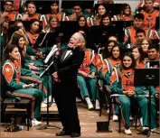  ??  ?? Band director Jim Kusserow reacts as student musicians make comment of him Friday, May 5, 2017 during the Panther Band concert at Frank ‘Buck’ Shaffer theater inside of the Portervill­e Memorial Auditorium. Kusserow will be the newest member of the PHS...