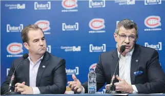  ?? GRAHAM HUGHES/THE CANADIAN PRESS ?? Canadiens owner Geoff Molson, left, continues to sit back and watch GM Marc Bergevin trade off former top prospects, reminiscen­t of the Ronald Corey-Réjean Houle era.