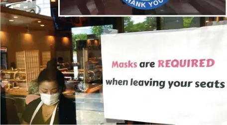  ?? INSET, NANCY LANE / HERALD STAFF FILE; ABOVE, AP FILE ?? STRUGGLING: A sign requiring masks is displayed at a restaurant in Rolling Meadows, Ill. At top, a sign is posted at a Boston business to request mask wearing on Sept. 22.