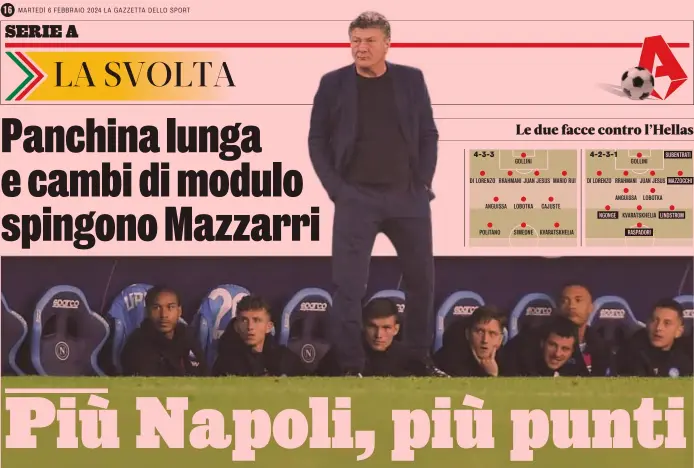  ?? AFP ?? 4-3-3 4-2-3-1
In cerca di riscossa Walter Mazzarri, 62, tornato sulla panchina del Napoli lo scorso 14 novembre al posto di Rudi Garcia: il tecnico sta cercando nuove soluzioni per la Champions