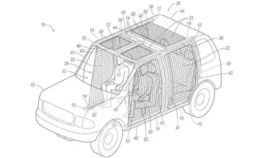  ?? — U.S. PATENT AND TRADEMARK OFFICE ?? According to documents unearthed by sleuths at The Drive, a set of screen doors would unfurl to cover open areas of the Bronco when the metal doors and roof are removed, keeping off-roading passengers safer.