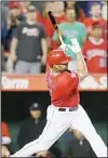  ??  ?? Los Angeles Angels’ Albert Pujols driving in the winning run against the Houston Astros during the ninth inning of a baseball game in
Anaheim, Calif, April 13. (AP)