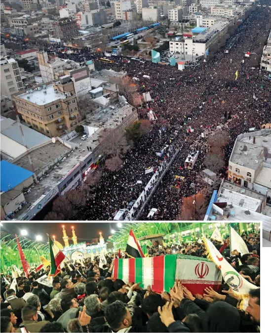  ??  ?? Top: Angry mourners pack the streets of Tehran while, above, the flag-draped coffin of Soleimani is carried by the crowds