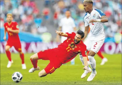  ?? AP PHOTO ?? Belgium’s Yannick Carrasco, left, and Panama’s Michael Murillo challenge for the ball during the group G match between Belgium and Panama at the 2018 soccer World Cup in Fisht Stadium in Sochi, Russia, Monday.