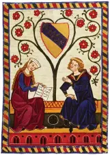  ??  ?? That’s amore A young couple discuss a poem in this illustrati­on from 1305–15