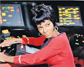  ?? Enterprise ?? Nichelle Nichols in Star Trek and, below, left, with William Shatner following their groundbrea­king kiss; right, with Curtis Graves of Nasa and Congresswo­man Yvonne Burke at the first flight and landing of the Space Shuttle Orbiter