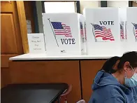  ?? AP Photo/Paul Sancya ?? ■ In this May 5, 2020, file photo, Angela Beauchamp fills out an absentee ballot at City Hall in Garden City, Mich. This year, Republican­s across the country have zeroed in on mail voting and enacted new limits on a process that exploded in popularity during the pandemic.