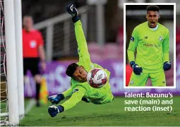  ??  ?? Talent: Bazunu’s save (main) and reaction (inset)
