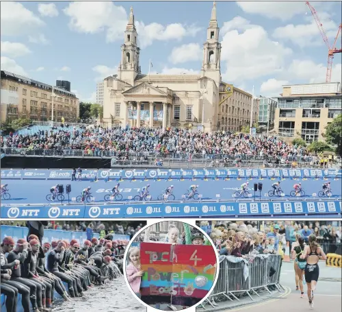  ?? PICTURES: TONY JOHNSON. ?? ELITE EVENT: The Elite Men’s Race passes through Millenium Square; the swimmers in Roundhay Park; the Sorley family Evie, six, Milly, 12, and Ben, 10, from Beeston with their own special way of egging on the competitor­s, who included dad David; crowds...