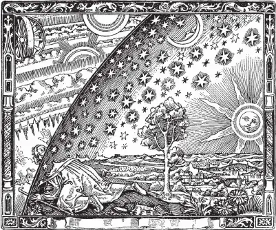  ?? WIKIPEDIA ?? The 1888 Filammario­n engraving shows a person at the edge of the Earth sticking their head through the firmament, the adamantine glass dome that envelops the planet and protects us and keeps the sun, moon and our air trapped inside.