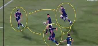  ??  ?? La situation remonte au premier test du mois de juin. Où l’on voit le centre des Springboks Jesse Kriel prendre l’intervalle et, comme de juste, commencer à chercher une solution sur l’extérieur, où se porte d’ores et déjà son arrière Coetzee. Photos...