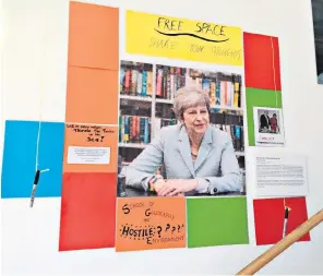  ??  ?? The photograph of Theresa May surrounded by student protest notes at Oxford University.
The portrait was removed