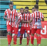  ?? Photo: ?? Labasa players celebratin­g a goal by Taniela Waqa against Dreketi in the Vodafone premier league on February 17, 2018. Shratika Naidu