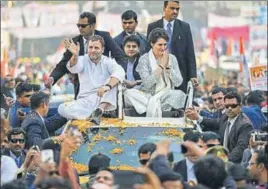 ?? PTI ?? Congress president Rahul Gandhi with general secretarie­s Priyanka Gandhi and Jyotiradit­ya Scindia during a roadshow in Lucknow on Monday.