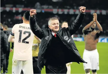  ?? Picture: ACTION IMAGES VIA REUTERS/JOHN SIBLEY ?? GREAT RESULT: Manchester United interim manager Ole Gunnar Solskjaer celebrates after his side’s stunning victory over Paris St Germain at Parc des Princes in Paris, France, on Wednesday