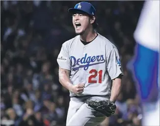  ?? Wally Skalij Los Angeles Times ?? YU DARVISH CELEBRATES after the Dodgers turned a double play in the sixth inning. Darvish went 61⁄3 innings , striking out seven, and even picked up a key RBI with a bases-loaded walk.