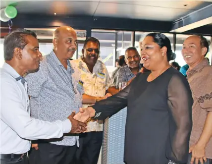  ?? Photo: ?? Minister for Local Government Premila Kumar is greeted by members of the Nadi Chamber of Commerce and Industry during the Christmas and New Year Social event at the Bounty restaurant in Nadi on January 16, 2021. Salote Qalubau