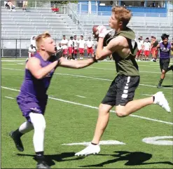  ?? COURTESY PHOTO/BROOK HANDEL ?? Above: Sophomore Joseph Filippini breaks up a pass intended for a Miramonte receiver during a 7-on-7 match. Below: Tokay linemen work in the trenches against Miramar during a recent drill.