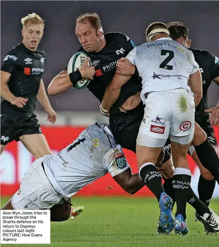  ?? ?? Alun Wyn Jones tries to break through the Sharks defence on his return to Ospreys colours last night PICTURE: Huw Evans Agency