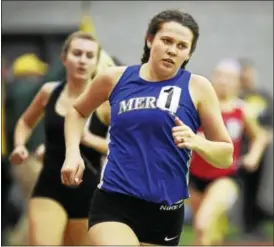  ?? CATHERINE AVALONE - NEW HAVEN REGISTER ?? Mercy senior Brigid Selfors won the 1000, 1600 and the 3200 meters Friday at the SCC Indoor Track & Field Championsh­ip at Floyd Little Athletic Center in New Haven.