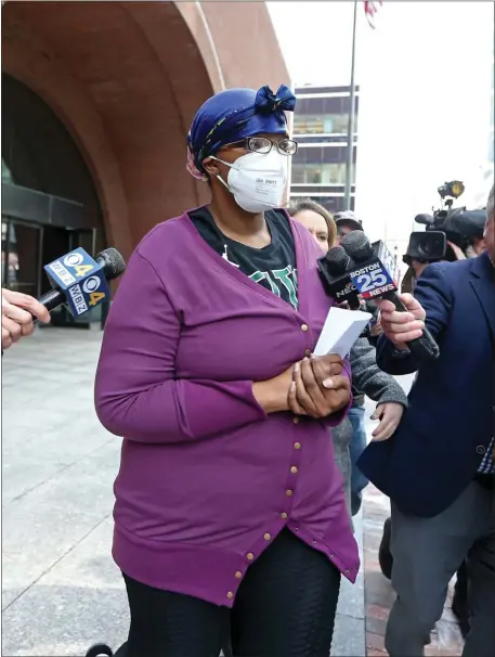  ?? STUART CAHILL — BOSTON HERALD ?? Monica Cannon-Grant, 41, leaves the Moakley U.S. District Court building in Boston’s Seaport after her arraignmen­t on March 15, 2022.