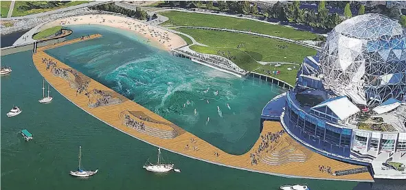 ?? — CITYSURFPA­RK.COM ?? Reviver Sport+Entertainm­ent, a company that ‘develops and delivers new sport formats,’ has pitched building a surf pool and beach on False Creek beside Science World. It’s just one of the wildly ambitious proposals Vancouver park board hears regularly.