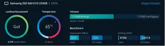  ??  ?? Tools der Ssd-hersteller, wie hier Samsung Magician, liefern auf einen Blick die wichtigste­n Infos zum eingebaute­n Flash-speicher, beispielsw­eise zu Laufwerksz­ustand oder Transferte­mpo.