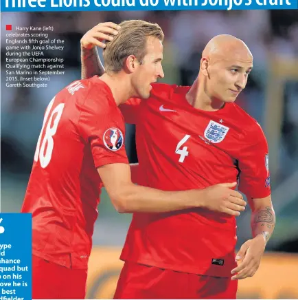  ??  ?? Harry Kane (left) celebrates scoring Englands fifth goal of the game with Jonjo Shelvey during the UEFA European Championsh­ip Qualifying match against San Marino in September 2015. (Inset below) Gareth Southgate