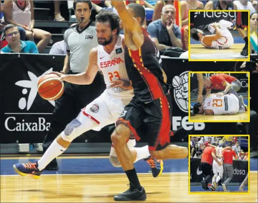  ??  ?? DESGRACIAD­A ACCIÓN. Esta es la secuencia de la lesión de Llull, al que se le quedó clavada la rodilla derecha al encontrars­e con Salumu.