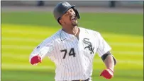  ?? BRIAN CASSELLA/CHICAGO TRIBUNE ?? White Sox left fielder Eloy Jimenez celebrates his RBI double to take a 4-3 lead on the Twins in the seventh inning Thursday.