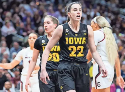  ?? KEVIN JAIRAJ-USA TODAY SPORTS ?? Iowa’s Caitlin Clark (22) celebrates during last season’s Final Four against South Carolina.