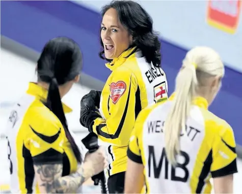  ?? SEAN KILPATRICK/THE CANADIAN PRESS ?? Manitoba skip Michelle Englot looks back at her teamates after a win over British Columbia during the Scotties Tournament of Hearts on Thursday.