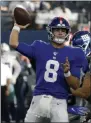  ?? MICHAEL AINSWORTH - THE ASSOCIATED PRESS ?? New York Giants quarterbac­k Daniel Jones (8) throws a pass under pressure from Dallas Cowboys defensive tackle Maliek Collins (96) in the second half of a NFL football game in Arlington, Texas, Sunday, Sept. 8, 2019.