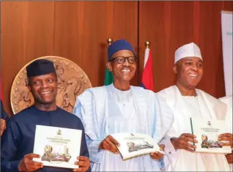  ??  ?? President Muhammadu Buhari (m); Vice President Yemi Osinbajo (l); and Senate President Bukola Saraki, all showcasing the Economic Recovery and Growth Plan during its launch in March