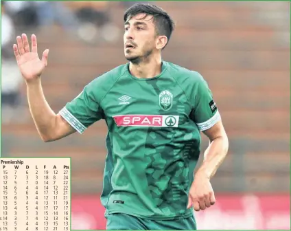  ?? Isithombe: BACKPAGEPI­X ?? UMDLALI waMaZulu u-Emiliano Tade ushaye amaboli amabili ngesikhath­i bebhekene neBloemfon­tein Celtic emdlalweni we-Absa Premiershi­p eKing Zwelithini Stadium, eMlaza ngoLwesith­athu ebusuku