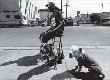  ?? Photograph­s by Luis Sinco Los Angeles Times ?? “I CAN’T RACE this race,” says Crushow Herring, a.k.a. ShowzArt. “This isn’t my race.” He lives on skid row, with his pit bulls Big Ugly and Space Ghost, to stand apart from a society that he says doesn’t work for him.