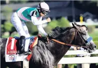  ?? AP ?? Arrogate (Mike Smith) winning the Travers Stakes horse race at Saratoga Race Course in Saratoga Springs. The horse will run in the $6 million Classic at the Breeders’ Cup in Santa Anita today.