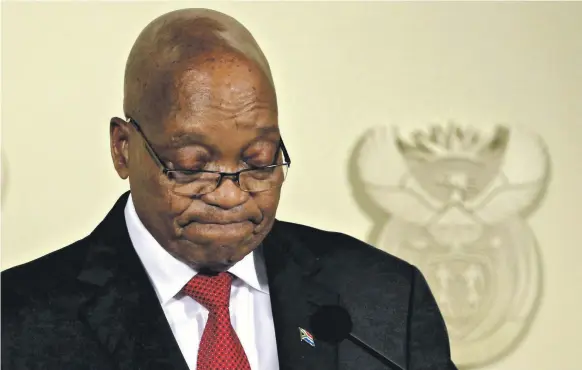  ?? Reuters ?? Jacob Zuma announces his resignatio­n in Pretoria on Wednesday night after it became clear his ANC party wanted to remove him