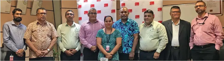  ?? Maraia Vula ?? From lEFt: FIJI NAtIonAl ProvIDEnt FunD CHIEF finAnCIAl oFfiCEr PrAvInEsH SInGH, GEnErAl mAnAGEr mEmBEr sErvICEs AlIpAtE WAqAIrAwAI, SuGAr CAnE GrowErs FunD GEnErAl mAnAGEr LEnDInG VImAl Dutt, FNPF CHIEF ExECutIvE oFfiCEr JAoJI KoroI, FNPF mAnAGEr mEmBEr sErvICEs FArnAz QuEEt, SCGF BoArD DIrECtor AnD BoArD CrEDIt CommIttEE CHAIrmAn TEvItA MADIGIBulI, SCGF CHIEF ExECutIvE oFfiCEr RAJ SHArmA, FNPF GEnErAl mAnAGEr GovErnAnCE RIsk AnD BoArD SECrEtAry UDAy SInGH AnD FNPF CHIEF InFormAtIo­n tECHnoloGy oFfiCEr RuksHAn RAJApAksHA on OCtoBEr 1, 2019. Photo: