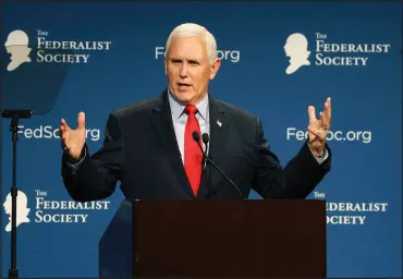  ?? STEPHEN M. DOWELL / LAKE BUENA VISTA SENTINEL VIA AP ?? Former Vice President Mike Pence speaks Feb. 4 at the Florida chapter of the Federalist Society’s annual meeting at Disney’s Yacht Club resort in Lake Buena Vista, Fla. Pence directly rebutted former President Donald Trump’s false claims that Pence somehow could have overturned the results of the 2020 election, saying that the former president was simply “wrong.”