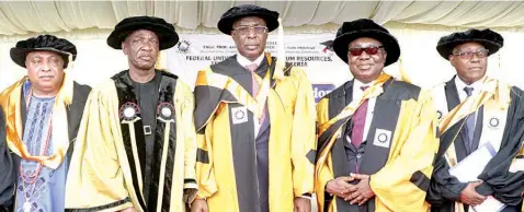  ?? ?? Chancellor, Federal University of Petroleum Resources, Akarigbo of Remoland, HRM Oba Babatunde Ajayi ( left); Pro- Chancellor and Chairman of Council, Prof. Anthony Gozie Anwukah; Minister of State for Petroleum, Timipre Sylva; Vice Chancellor, Prof. Akpofure RimRukeh and Honorary Degree Awardee and Group Managing Director, ARCO Group Plc, Alfred Okoigun during the third convocatio­n ceremony of the Federal University of Petroleum Resources, Effurun, Delta State at the weekend.