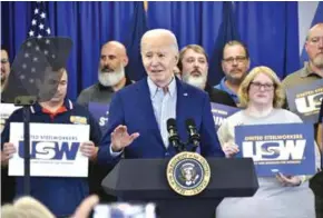  ?? KYODO/VNA Photo ?? US President Joe Biden makes a speech at United Steelworke­rs headquarte­rs in Pittsburgh, Pennsylvan­ia, on Wednesday.