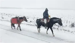  ??  ?? Masetti Leite rides Pablo Picasso while ponying Sapito during a blizzard in Tierra del Fuego, Argentina, in 2017. It was his second Long Ride.
