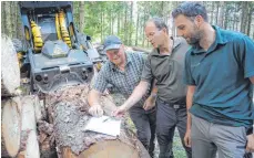  ?? FOTOS: WALTER SCHMID ?? Remig Albrecht, Johannes Merta und Sebastian Notz (v. l.) besprechen die nächsten Schritte gegen den Borkenkäfe­rbefall.