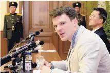  ?? KIM KWANG HYON/ASSOICATED PRESS ?? American college student Otto Warmbier speaks to reporters Feb. 29, 2016, as he is presented in Pyongyang, North Korea. Warmbier, who was imprisoned for more than 17 months, died Monday.