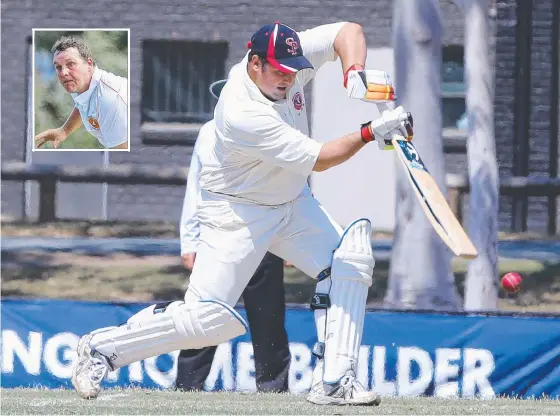  ?? Picture: MIKE BATTERHAM ?? Surfers Paradise batsman Wayne Phillips drives against Mudgeeraba, while Travis Harker (inset) defied history.