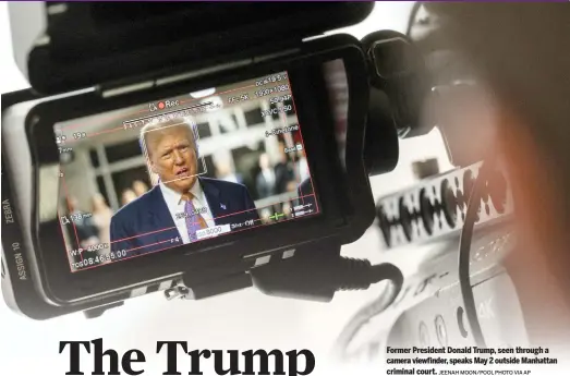  ?? JEENAH MOON/POOL PHOTO VIA AP ?? Former President Donald Trump, seen through a camera viewfinder, speaks May 2 outside Manhattan criminal court.